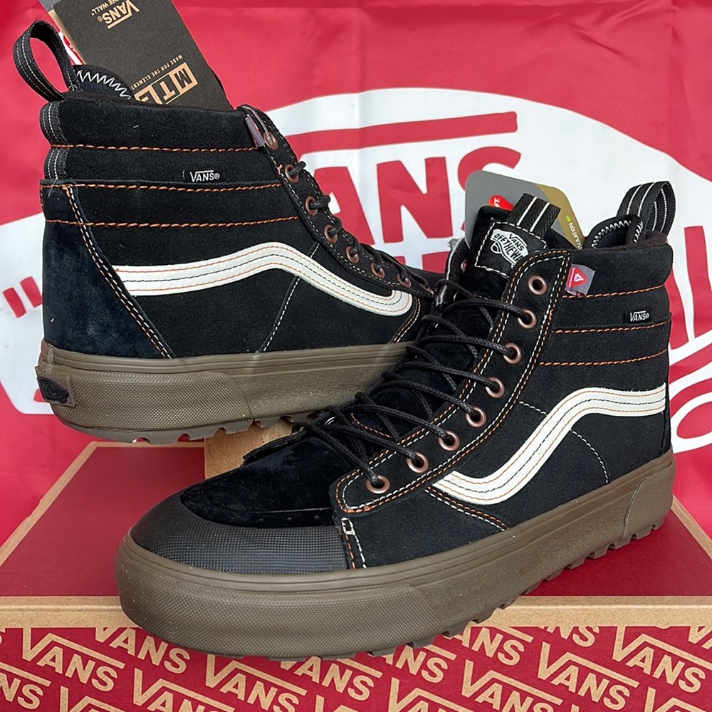 Vans Black High-Top Lace-Up Boots with White Stripe and Brown Sole